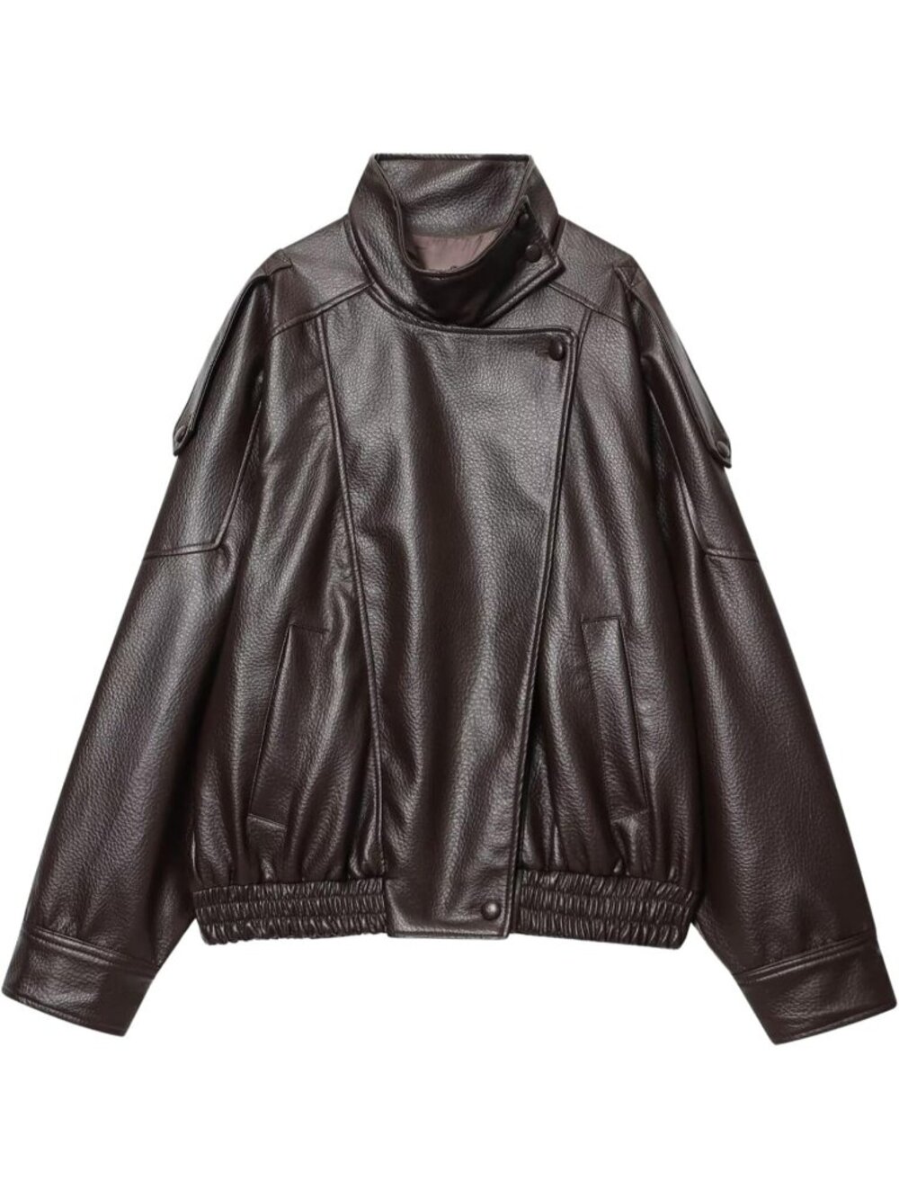 Women’s Brown Oversized Faux Leather Jacket Casual High Collar Long Sleeve